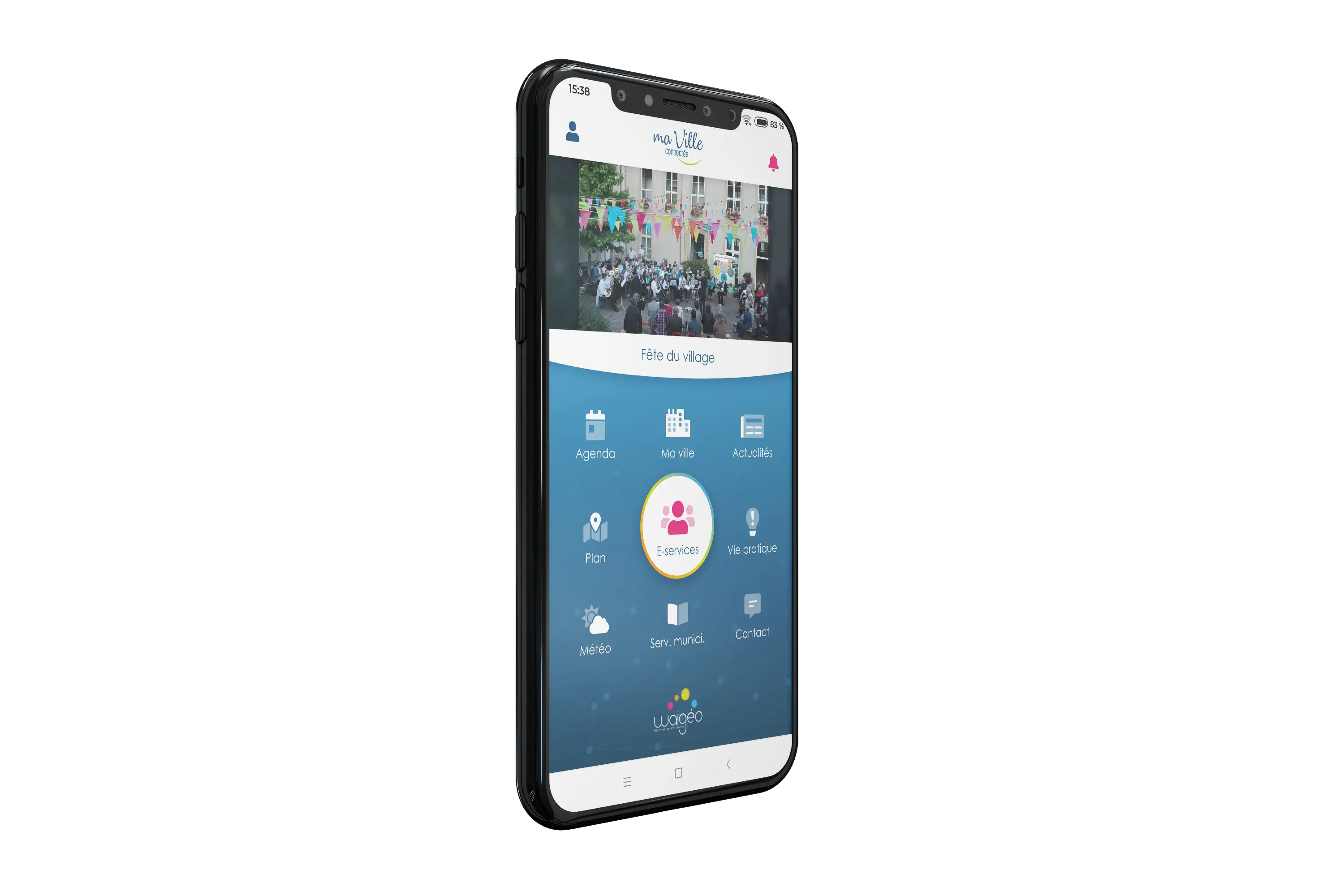 Smartphone avec l'application MaVilleConnectée ouverte