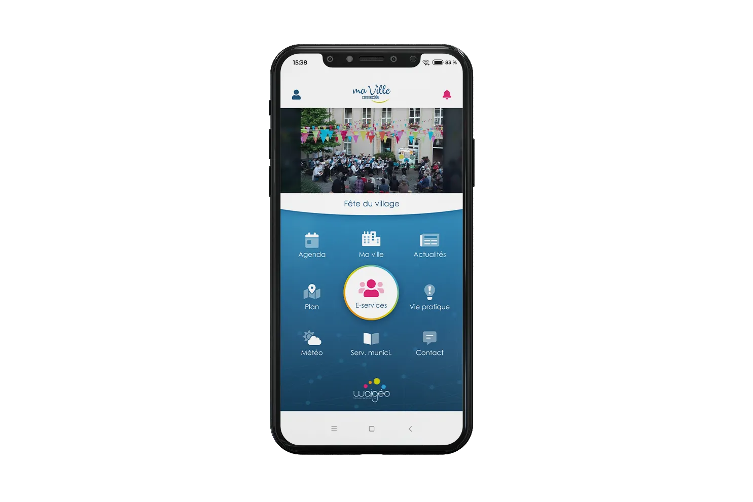 Smartphone avec l'application MaVilleConnectée ouverte